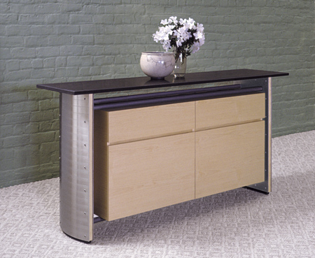 Stoneline Designs modern office credenza from the Crescent Collection. Maple with a honed black granite top.
