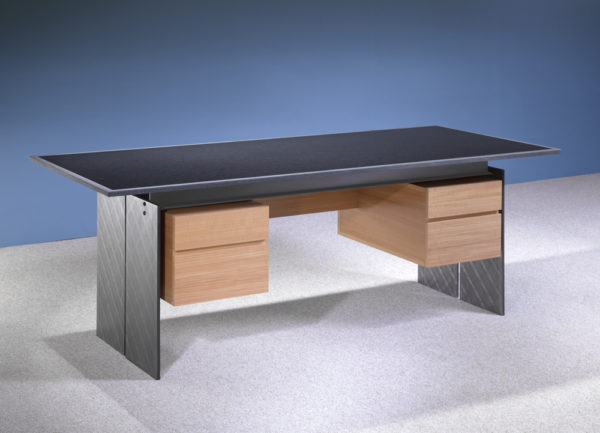 Modern Stone top executive Desk with honed Black Granite, Steel I-beams and Stone or Glass tops.