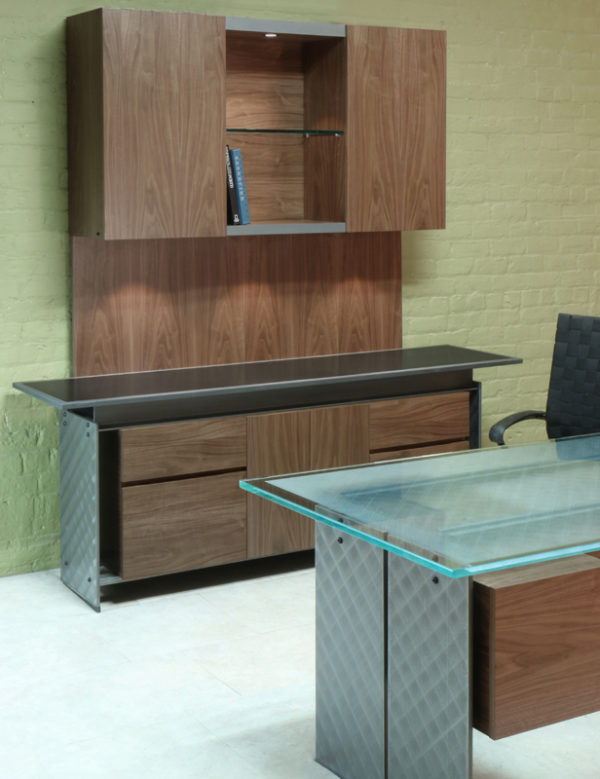 Modern Desk, Credenza & Overhead Hutch in Walnut, Steel and Stone or Glass tops.