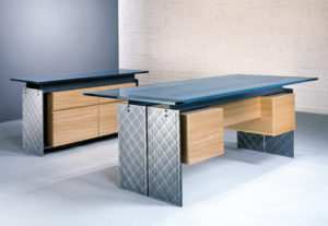 Contemporary Executive Desk and Credenza with Steel I-beams and a Stone or Glass top for sale.