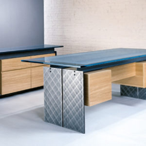 Contemporary Executive Desk and Credenza with Steel I-beams and a Stone or Glass top for sale.