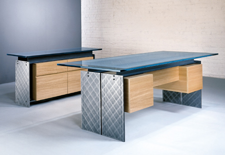 Contemporary Executive Desk and Credenza with Steel I-beams and a Stone or Glass top for sale.