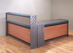 Contemporary Steel, L-shaped Reception Desk in Cherry with Steel I-beams, and a Glass counter for Office Reception furniture