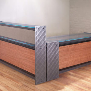 Contemporary Steel, L-shaped Reception Desk in Cherry with Steel I-beams, and a Glass counter for Office Reception furniture