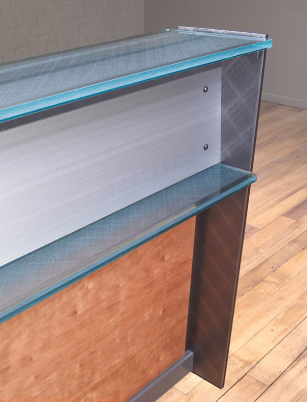 Steel and Glass Reception Desks with Brushed Metal, Wood and Glass for modern Reception room furniture