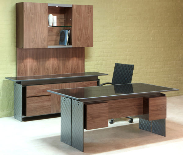 Axis Modern Stone top executive furniture including Desks & Credenzas with Steel Walnut and Granite