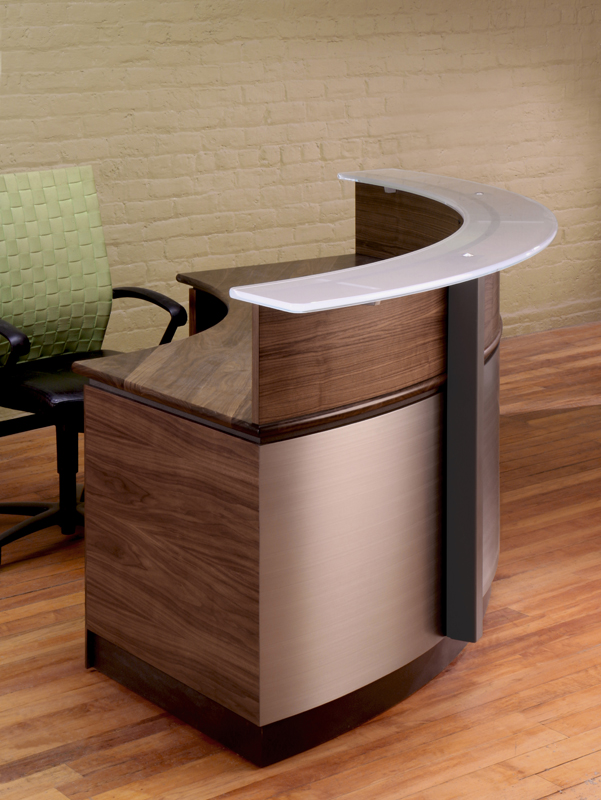 Contemporary Reception Desk in Walnut Wood and Stainless Steel with a white glass transaction counter