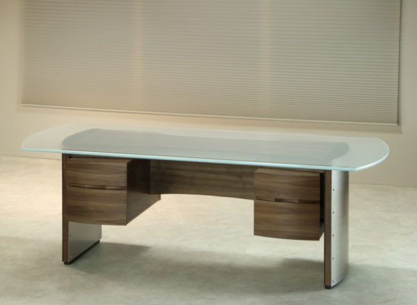 Contemporary White Glass executive desks and modern office furnishings with Stone or Frosted Glass top.