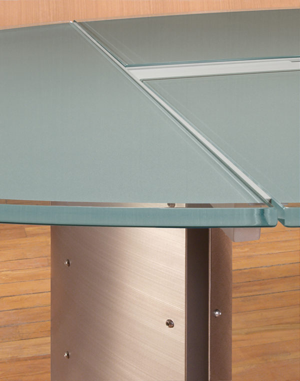 Crescent Conference Table with Silver Back-painted Glass and Stainless Steel panels, integrated wiring