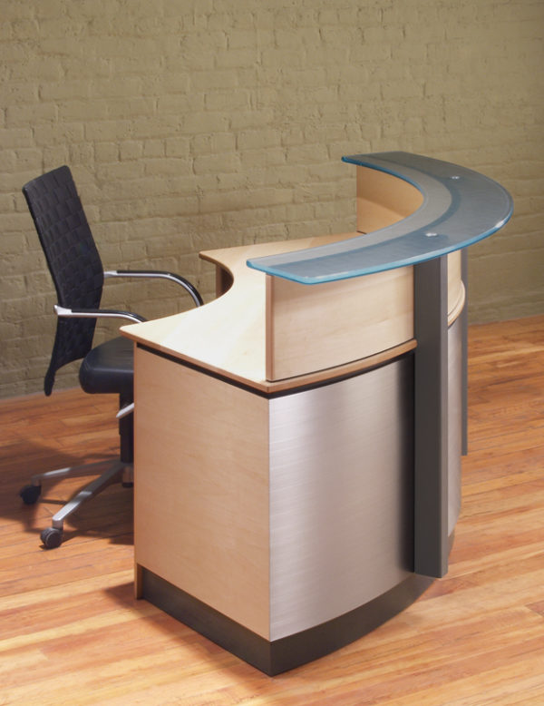 Custom Reception Desks with a Frosted Glass counter in quarter-circle and semi-circular Reception Desk shapes
