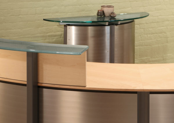 Circular Reception Desks and modern half-moon consoles with Glass, metal and Stainless Steel