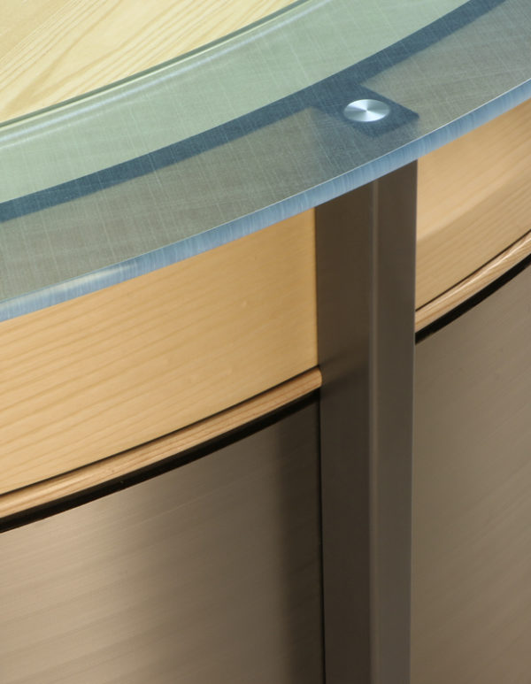 Modern L shaped Reception Desks with Wood, Stainless Steel & Frosted Glass.