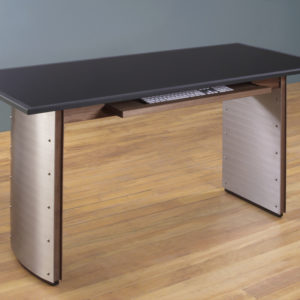 Modern Computer Desk in Walnut with Stainless Steel legs and a Honed Black Granite top for sale.