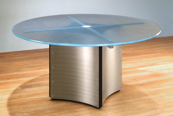 Round Glass top conference table and contemporary meeting tables; 60"d Glass top, Stainless Steel pedestal and a wiring grommet