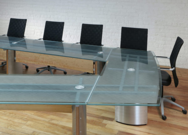 Crescent V Shape Boardroom Table with a Frosted Glass top and conference Table wiring