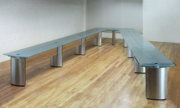 Crescent V Shape Training table with a Frosted Glass top and conference Table wiring