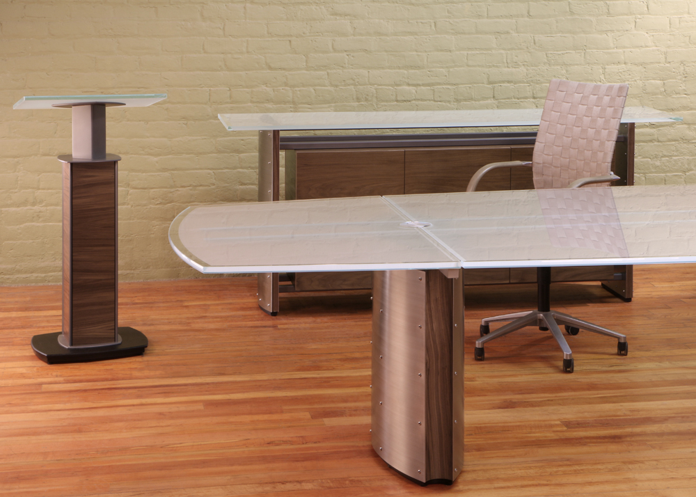 Stoneline Designs modern conference room furniture: credenza, lectern and table from the Crescent Collection with white frosted glass table tops.