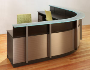 Stoneline Designs Wrap-Around Reception Desks from the Tangent Collection. Modern reception furniture with curved stainless steel and glass counters.
