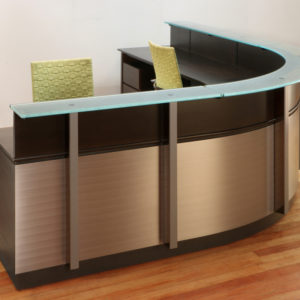 Stoneline Designs Wrap-Around Reception Desks from the Tangent Collection. Modern reception furniture with curved stainless steel and glass counters.
