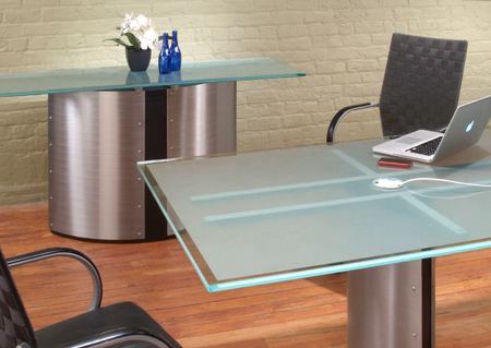 Custom office console table from the Stoneline Designs Crescent Collection. Featuring Steel panels, Black Ash trim and Patterned Frosted Glass