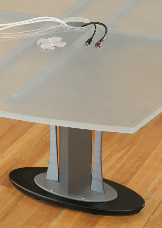 Modern White Glass Conference tables and custom boardroom furniture with integrated power and data jacks.