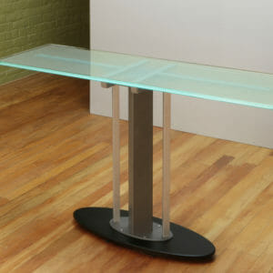 Contemporary furniture including Modern Console tables contrasting Glass or Stone tops with metal or wood base.