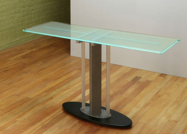 Contemporary furniture including Modern Console tables contrasting Glass or Stone tops with metal or wood base.