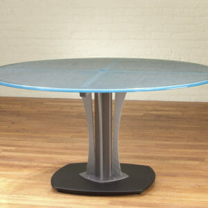 Modern Round and Boat shape Tables in Glass or Stone including 60"d meeting tables for sale.