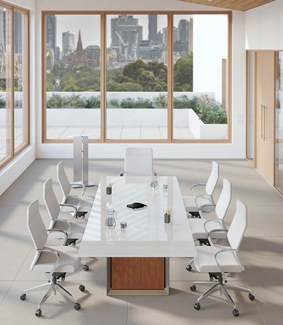 An Apex Conference Table by Stoneline Designs makes a statement in a conference room.