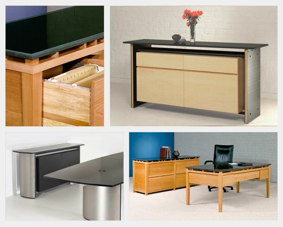 Photo collage showing examples of Stoneline Designs custom credenzas..