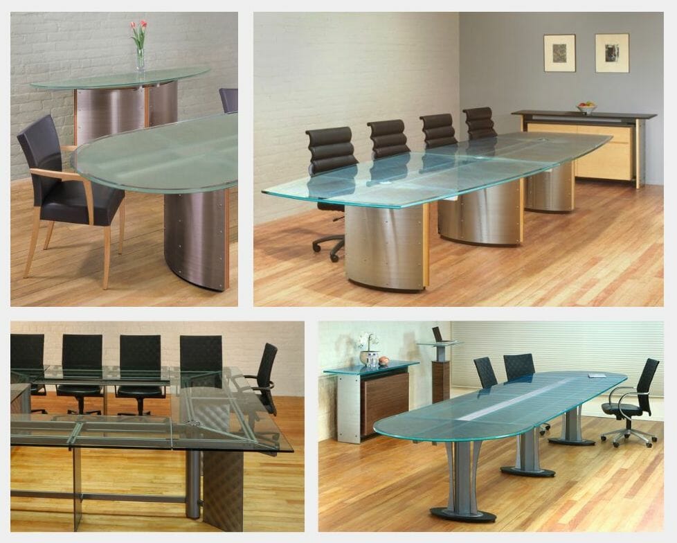 Photo collage showing examples of Stoneline Designs custom conference tables.