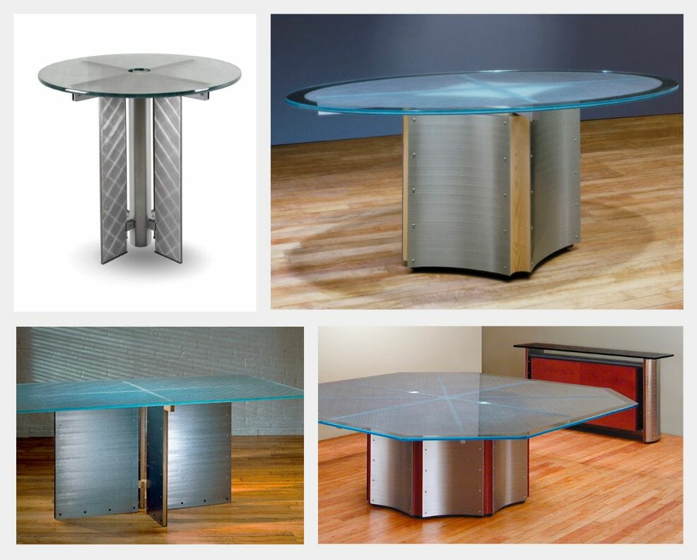 Photo collage showing examples of Stoneline Designs custom console tables, coffee tables and occasional tables.