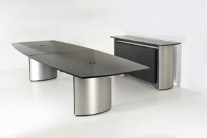 Stoneline Designs Crescent Confernece Table and Credenza with steel base and granite top