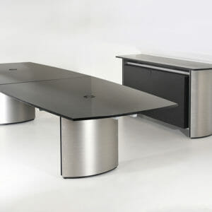 Stoneline Designs Crescent Confernece Table and Credenza with steel base and granite top