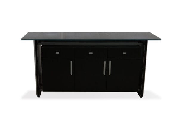 Stoneline Designs Crescent Etched Glass Top Credenza. Custom office credenza with drawers and doors for storage.