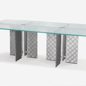 Stoneline Designs Radian Modern Industrial Conference Table with Steel Base and Fusion Glass Top.