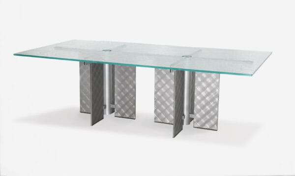 Stoneline Designs Radian Modern Industrial Conference Table with Steel Base and Fusion Glass Top.